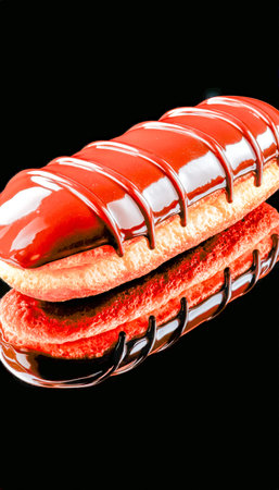 A decadent pastry coated in shiny cocoa icing, capturing intricate highlights and reflections...