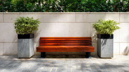 A cozy garden nook features a sturdy wooden bench surrounded by lush potted greenery, perfect for relaxing and enjoying tranquil outdoor moments.の写真素材