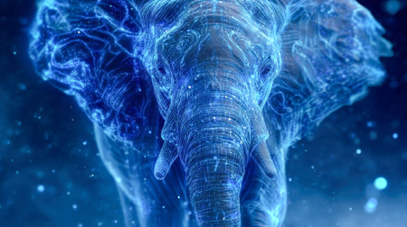 A striking cybernetic masterpiece showcasing a neon blue elephant's visage, composed of luminous...