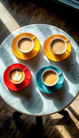 A vibrant array of mugs featuring intricate latte art rests on a sleek marble surface, evoking warmth and artistic elegance.の写真素材