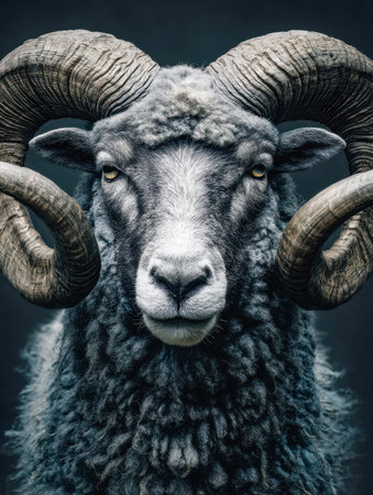 A powerful shot capturing a regal ram's intense gaze, emphasizing its twisting horns and thick, rugged fleece amidst a shadowy ambiance that echoes resilience and wild spirit.の写真素材