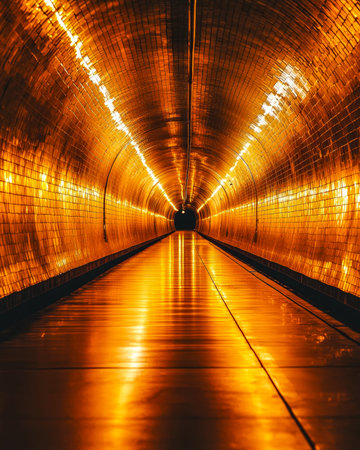 A luminous corridor of shimmering gold curves into a shadowed abyss, its mirrored surface amplifying...