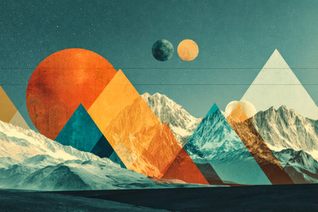 A vivid, surreal scene blending jagged peaks, glowing planets, and crisp geometric forms in bold...