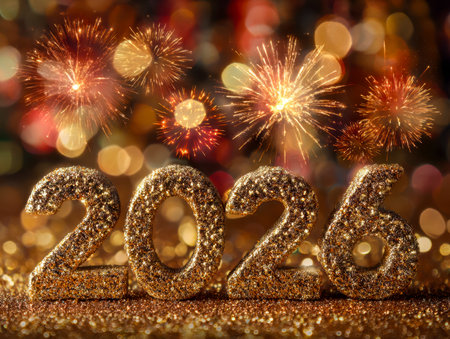 A vibrant party scene illuminated by shimmering ornaments and dazzling fireworks, capturing the...