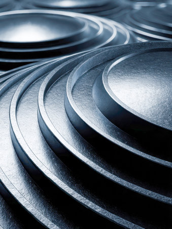 Intricate metallic discs with embossed textures create a mesmerizing layered composition, subtly...