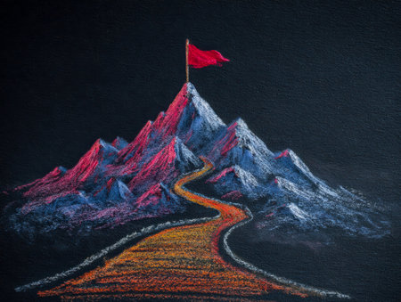 A solitary summit crowned with a scarlet banner, with a serpentine trail leading upward under an ominous, stormy sky.の写真素材