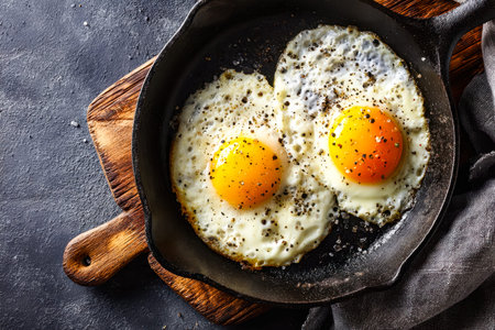 Golden yolks glisten beneath tender whites, served warm on a rustic wooden board, ready to elevate a...