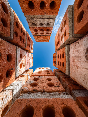 Towering red clay blocks ascend toward a pristine azure backdrop, emphasizing strength and...