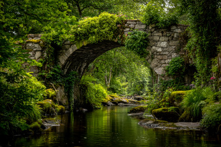 A tranquil scene featuring a weathered stone archway spanning a gentle, crystal-clear creek amidst vibrant greenery and dense woodland.の写真素材