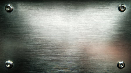 A sleek steel surface featuring a subtle brushed finish, accented by evenly fastened screws at each corner, evoking contemporary industrial style in muted shades.の写真素材