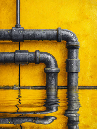 Discarded metallic conduits cast mirrored shadows on a puddle, their bold silhouette contrasting...