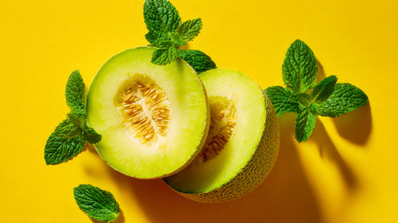 Juicy, sliced melon paired with fragrant mint sprigs set against a bold yellow backdrop, creating an...