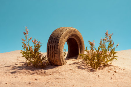 A lone weathered tire rests amidst vibrant wildflowers under a spotless azure sky, evoking solitude and untouched natural beauty in a desert setting.の写真素材