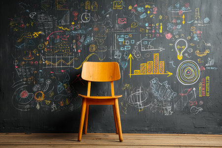 A vibrant office setting featuring a large chalkboard wall filled with innovative sketches, vibrant...