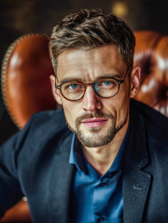A contemplative gentleman with striking blue eyes and stylish glasses relaxes in a plush leather armchair, dressed casually in a blue shirt and dark blazer, amidst a warmのeditorial素材