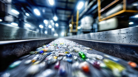 Vibrant shards of recycled glass cascade along a sleek industrial belt, illuminated by bright...
