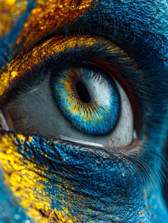 A striking gaze captures attention, with a luminous sapphire eye highlighted by sparkling gold...