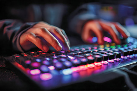 A close-up of a hand navigating a vibrant, glow-in-the-dark keyboard, its shifting hues casting...