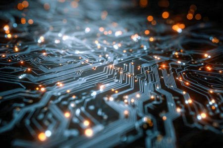 A detailed macro image showing a complex electronic circuit with vibrant orange and white...