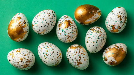 Elegant Easter eggs featuring intricate speckled patterns and shimmering gold details set against a...