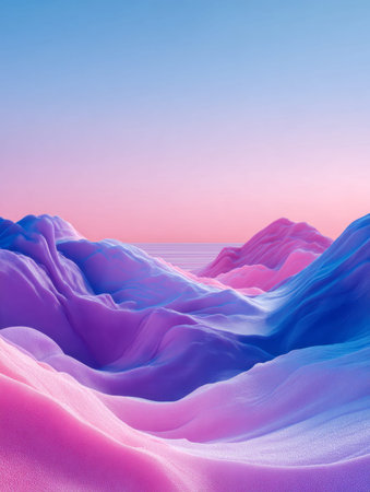 Gentle mounds painted in lively pink and cool blue shades stretch across the scene, bathed in the muted glow of a pastel twilight, creating a serene, otherworldly vibe.の写真素材