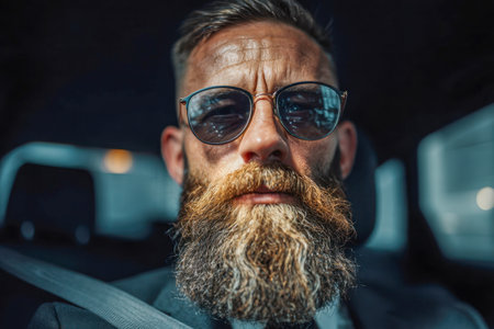 Confident mature gentleman with a lush beard, donning mirrored shades, seated securely with a seatbelt, basking in warm outdoor sunlight inside a vehicle.のeditorial素材