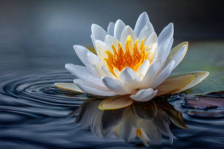 A tranquil blossom rests quietly on dark, glassy waters, its pure white petals and bright yellow core softening the scene with gentle ripples and subtle reflections.の写真素材