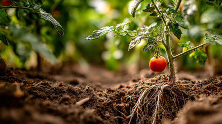A vibrant young tomato shrub bears lush green foliage and scattered bright red tomatoes, thriving in...