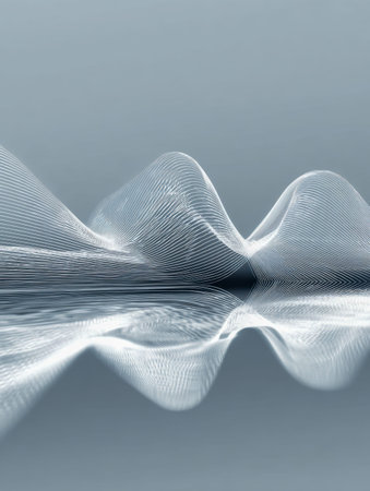 Delicate luminous streams dance across a sleek surface, casting mirror-like reflections on an...