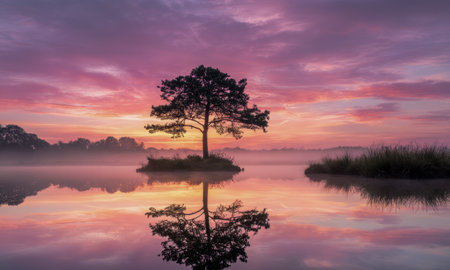 As daylight fades, a gentle glow bathes a quiet lake, where a lone tree stands mirrored in still waters, evoking serenity and introspection.の写真素材