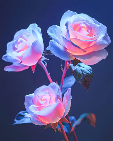 Softly glowing pink and white rose blooms emerge against a dark backdrop, creating a romantic,...
