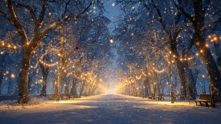 Amidst a quiet snowfall, twinkling fairy lights trace a peaceful path through a winter wonderland,...