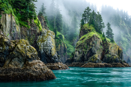 Gentle fog drifts over vibrant green cliffs overlooking sparkling turquoise seas, creating a...