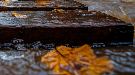 A detailed view of a damp wooden platform scattered with vibrant yellow leaves, reflecting gentle ripples and bubbling movement in the water below.の写真素材