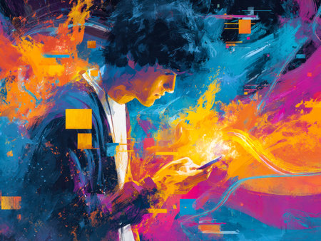 A young person interacts with luminous, kaleidoscopic visuals projected around them, embodying...