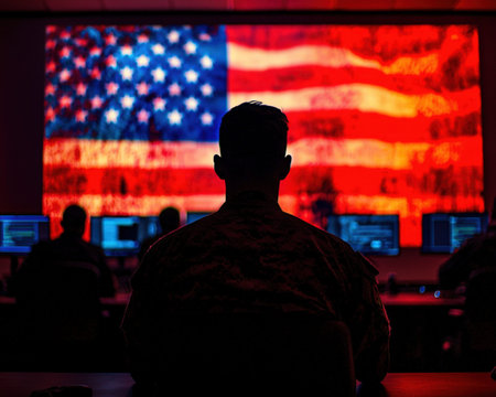 An individual stands in shadows, observing vibrant patriotic visuals flickering across numerous...