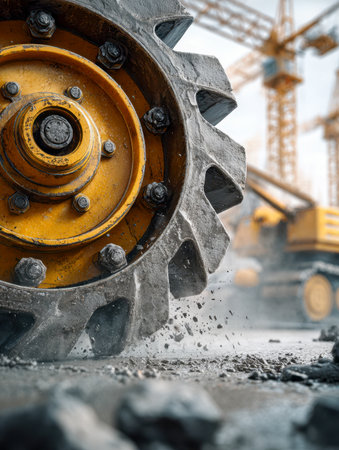 A detailed shot of rugged steel treads on a construction machine, with towering cranes looming behind, capturing the vigor of industrial progress.の写真素材