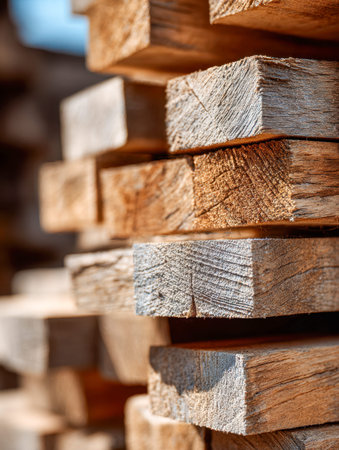 Sunlit rough timber showcases intricate grain patterns and aged edges, creating a rustic atmosphere...