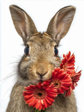 A charming rabbit gently clutches a bouquet of lively crimson blooms, exuding sweetness and...