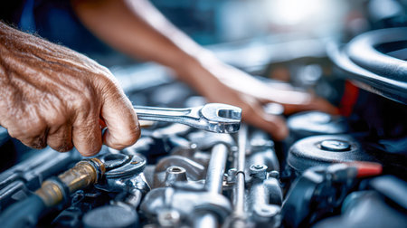 Close-up of experienced hands gripping a wrench, meticulously tightening engine parts to ensure...
