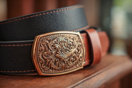 A sophisticated leather strap highlighted by an intricately designed buckle featuring delicate floral motifs, reflecting refined artistry and premium quality craftsmanship.の写真素材
