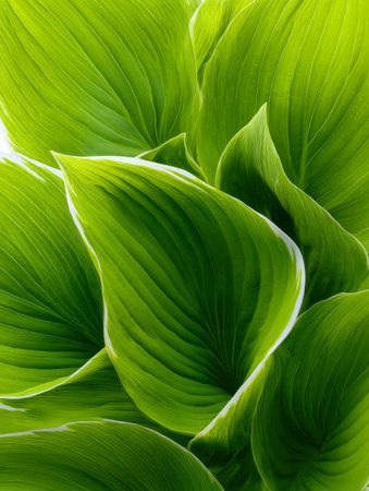 Lush green foliage basking in sunlight, showing prominent veins and textured layers that create a vivid, tropical garden ambiance.の写真素材