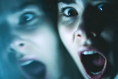 A haunting close-up captures a woman's expression of sheer terror, her eyes and mouth frozen in...