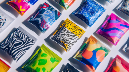 A variety of lively, animal-themed packaging featuring bold hues and playful designs are arranged on a clean white background, evoking a sense of creativity and fun.の写真素材