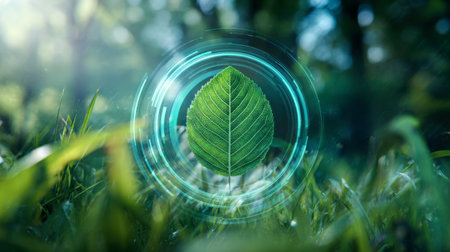 A high-tech digital rendering showcases a lush green leaf nestled within a natural environment, blending organic beauty with futuristic innovation.の写真素材