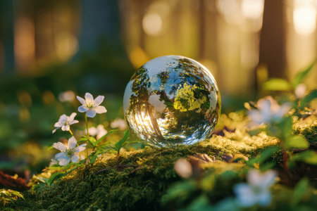 A luminous glass orb captures and magnifies golden sunlight amid lush foliage, resting on mossy...