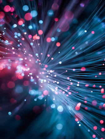 Vibrant fiber optic threads emit luminous hues, intertwined with shimmering colorful points,...