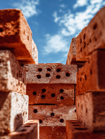 A detailed view of aged crimson bricks, their textured surfaces weathered by time, set against a...
