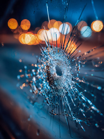 Fragments of glass scatter across the frame, catching shimmering reflections amid a dreamy bokeh tapestry, exuding a sense of delicate chaos and ethereal beauty.の写真素材