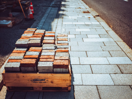 Workers lay durable bricks and construction supplies on a prepared base, shaping a new pedestrian...